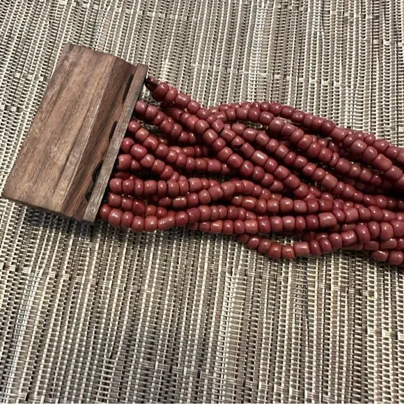 Bali Maroon Brown 14 Strand Bead Bracelet Wood Clasp Hard Wood Boho Casual - Picture 8 of 13